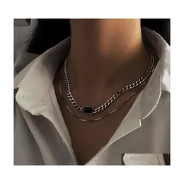 Anhänger Halsketten Einfache Mtilayer Dicke Kette Quadratische Obsidian Halskette Für Frauen Punk Rock Curb Cuban Link Choker Hip Hop Drop Deliv Dhoab