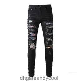 875 man denim herr amirres fall jeans high street designer byxor am mode märke svart färg patch elastiska trasiga smala raka ben mäns yqyq