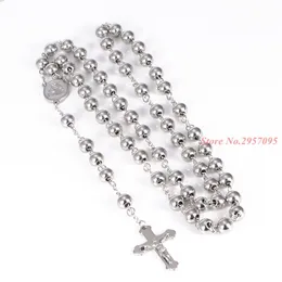 Pendanthalsband Klassiska kvinnor Mens Halsband Rostfritt stål Silverfärg Pärlor Rosarin Kedja Jesus Kristus Cross Pendant 230519