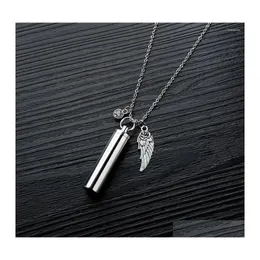 Pendant Necklaces Cylinder Secret Mes Vial Cremation Ash Urn Necklace In Stainless Steel Stash Locket Wing And Crystal Dangle Drop D Dhvkd