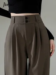 Women Dwuczęściowe spodnie Jielur wysokiej nogi dla kobiet luźne proste spodnie do kawy jesienne podwójne guziki swobodne garnitur 230519