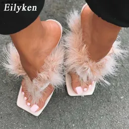 Slippers Eilyken Summer Slippers Women Furry Slides Fashion Square Toe Therparent Perspex Heels Rhinestone Sandals Female Flip Flop Shoe J230519