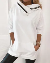 Camas femininas Spring Summer Summer Manga longa Detalhe de zíper Top casual 2023 Ninimour Mulheres Mulheres sólidas Pullover de zíper branco