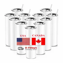 USA Canada Local Warehouse 20oz Blanks Sublimation Tumblers Stainless Steel Coffee Car Mugs Insulted Water Cup with Plastic Straw and Lid G0519