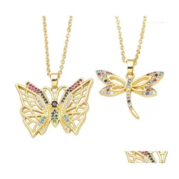 Pendanthalsband Dragonfly Butterfly med regnbågen Zircon Stone Delicate 18K Gold Plated Neckalce för kvinnor Summer smycken gåvor Dro Dh1kj