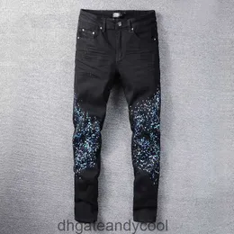 Amirres Jeans Designer Pants Man The new fashion brand washes Denim water black makes old holes splash-ink spray paint slimming stretch jeans men's high 4VVN