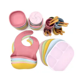 Bestecksets Baby Sile Lätzchen Geteilter Speiseteller Saugnapf Schüssel Löffel Gabel Tasse Set Training Füttern Lebensmittel Utensilien Geschirr Geschirr Kit Dhrnt