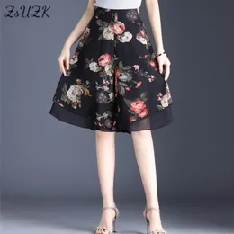 Capris Zuzk Women Floral Chiffon Short Pants Summer Cool Fashion Elastic Wiast Kneelength Pants Elegant Loose Wide Leg Skorts 7Colors