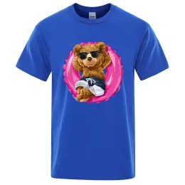 The Teddy Bear Lying On The Swimming Circle Printed T-Shirts Men Soft Cotton Short Sleeves Loose Oversize T Shirt