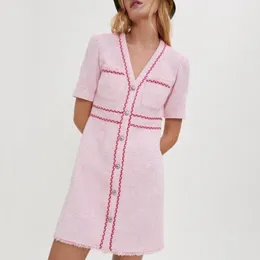 Женское платье европейское модное бренд v Neck Pink Tweed Shot Ridewed Mini Dress