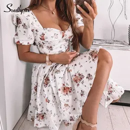 Basic Casual Dresses Southpire Bohe Flower Print White Womens Short Puff Sleeve Zipper Mini Sundress Elegant Summer Dress Ladies Clothing 230518