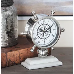 DecMode 8 Silver Stainless Steel Ship Wheel Clock with Marble Base