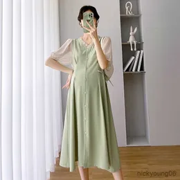 Annelik Giysileri Yaz Yeni Zarif Stil Mizaç Dikişli Emzirme Gebelik Elbise için Sahte İki Parçalı R230519