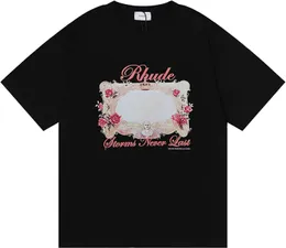 Moda masculina Rhude T Camisa de algodão Camiseta curta T-shirt Rose Prind Couples Leisure Sports Sweat-Absorbent Joker Hip-Hop camisa