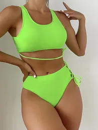 Kobiety bikini w wysokiej szyi 2023 Kobiety seksowne talii kostium kąpielowy zielony sznurek Kobiety kąpki kąpiel