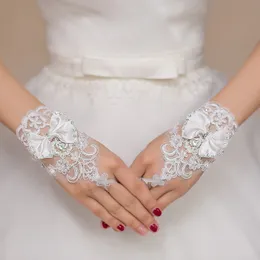 ST-0029-Düğün Eldiven Görgü Beyaz Kısa Eldiven Yay Düğümü Elmas Dantelli Açık Parmak Ek Parmaksız Güzel Gelinlik Aksesuarları