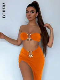 Vestido de duas peças elegante sexy bandeau top com fenda assimétrica saia conjunto mulheres festa de verão festival anel de metal conjuntos de correspondência laranja 230518