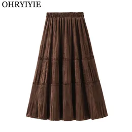 Skirts OHRYIYIE Solid Color Vintage Long Velvet Pleated Skirt Women 2023 Autumn Winter Fashion Lady High Waist A Line Female 230519