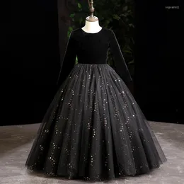 Girl Dresses Black Elegant Evening Dress Empire Full Sleeves Simple Floor-Length Ball Gown Sequins O-Neck Party Flower B1780