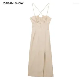 Casual Dresses 2023 Holiday Khaki Ruched Corset Style Cross Sacing Up Bow Back Less Sling Dress Women Hem Slit Midi Robe Beach