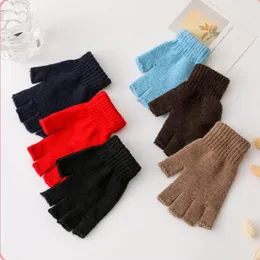 6Pair Winter Warm Boys Girl's Student Guanti Guanti per bambini mezze dita in tinta unita lavorati a maglia