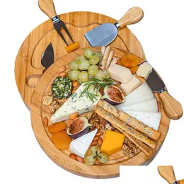 Other Kitchen Tools Bamboo Cheese Board And Knife Set Round Charcuterie Boards Swivel Meat Platter Holiday Housewarming Gift Drop De Dhnvl