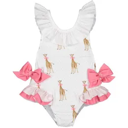 Retail 2019 Summer New Girl Swimwear With Hat Children Cartoon Giraffe Bow Kids Cute Swimsuit Clothing 2-7Y E6018254U