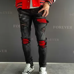 fashion Denim brand Amirres Jeans cow Designer Pants black Man FOG washes water and breaks holes to make old red patch slimming jeans men's high street SLP f N83W