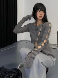 セーターの女性y2k美学セクシーな薄いニットクロップドカーディガンサマーホロウアウトロングスリーズ非対称セーターニットウェア