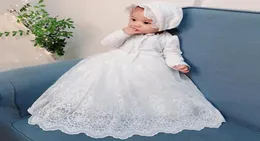 Baby flickor Vit dopklänning Bebe långärmad födelsedagsbroderi Vintage klänning Mesh dopklänning med hatt för nyfödd 12M F6976942