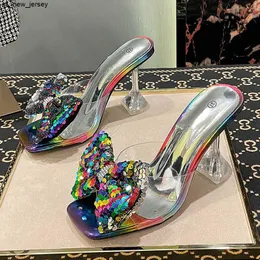 Slippers Transparent PVC Crystal Clear Heeled Women Slippers Fashion Fish Scales Bow High Heels Female Slides Summer Sandals Shoes J230519