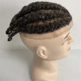 Indian Virgin Human Hair Hairpiece Root Afro Corn Braids #1B/Gray Full Lace Toupee för Old Blackman