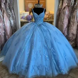 Sky Blue Quinceanera платья сексуально V-образное 3D Flower 15th Party Платье из бисера