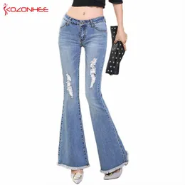 Jeans KOZONHEE Tassel Hole Ripped Flare Jeans Women Long BellBottoms Jeans Stretching For Girls Trousers For Women Jeans Large Size