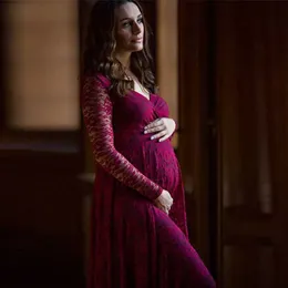 Czerwony w szyku V-deck z długim rękawem Fotografia macierzyńska Rekwizyty ciążowe ubrania ciążowe sukienka macierzyńska fantazyjna fotografowanie