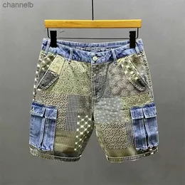 Summer New Cargo Denim Shorts Men's Irregular Splicing Printed Personality Tide Five Points Flower Pants Streetwear Jeans HombreL230519