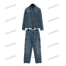 xinxinbuy Männer Designer Mantel Jacke Brief Prägung Getäfelte Denim Jacquard Sets Langarm Frauen Blau Schwarz Weiß S-XL