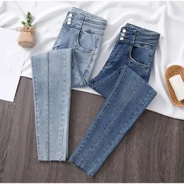 Jeans Ästhetik gestreiftes Patchwork zerrissener Röhrenjeans für Frauen xxl hohe Taille hohe dehnbare Bleistift Capris Blue Denim Hosen Hosen