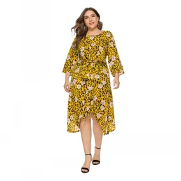 Dresses 2021 Plus Size Dress For Women Floral Print New O Neck 3/4 Sleeve Lace Up Beach Party Holiday Irregular Green Dress Vestidos