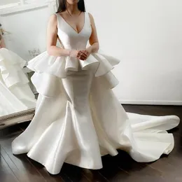2020 Satin Tiered Ruffles Peplum Plus Size Mermaid Wedding Dresses with Overskirts v Neck African Bridal Gowns Detachable Train8524750
