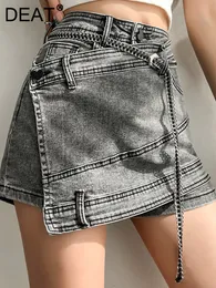 Spódnice DEAT Fashion damski dżinsowa spódnica wysoka talia nieregularna łańcuch spliczony szary nad kolanem samica lato 2023 17A1443 230519