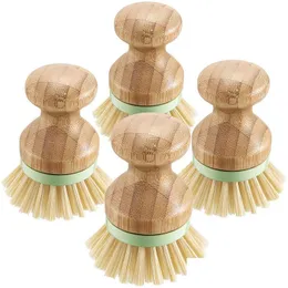 Spazzole per la pulizia Legno di bambù Rotondo Mini Palm Scrub Brush Setole rigide Lavaggio bagnato Piatti Pentole Padelle Verdure Drop Delivery Home Gard Dhk4