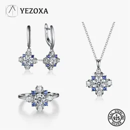 Set Yezoxa 925 Sterling Silver Created Tanzanite Blue Fashion Jewelry Set for Women Flower Accessories Open Ring Rhodium Plating