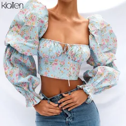 Blouses Womens camisas Klalien Spring Summer Summer Moda elegante francesa Romântica Floral Puff Slave Square Collar Women White Chiffon camisa 230519