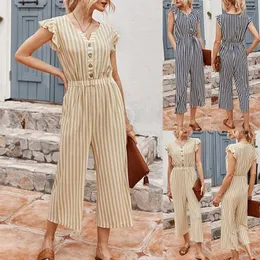 Kobiety Jumpsuits Rompers Striped Feminine Jokssuit Summer Beach Proste Bohemian Ruffle High Taist Mashing 230520