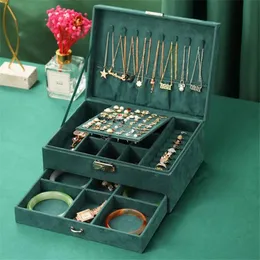 Caixas 2021 New DoubleLayer Jewelry Box Green Flannel Multifunction Jewelry Organizer Brinculhing Ring Display Colar Storage Gifts