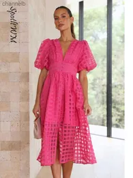 Casual Dresses Women Elegant Hollow Out Puff Sleeve Dress 2023 Summer Fashion Chic V-Neck Mesh Midi Frock Party Banquet Trend Ladies Vestido L230520