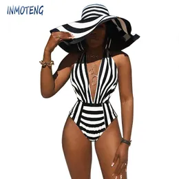 Tute da donna Pagliaccetti INMOTENG Donna Estate a righe con scollo a V profondo Halter senza maniche aderente Skinny Sexy Body Beach Abiti a vita alta 230520