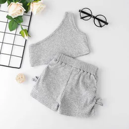 Export Cross Border Foreign Trade Girls' Clothing Strap One Shoulder Top shorts Summer Children's Middle Pants Two Piece Set