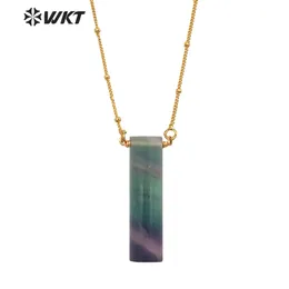 Collane WTN1395 Incredibile collana unica in pietra di fluorite arcobaleno, lunga collana con pendente a cubo rotondo con placcatura in oro resistente all'ossidazione